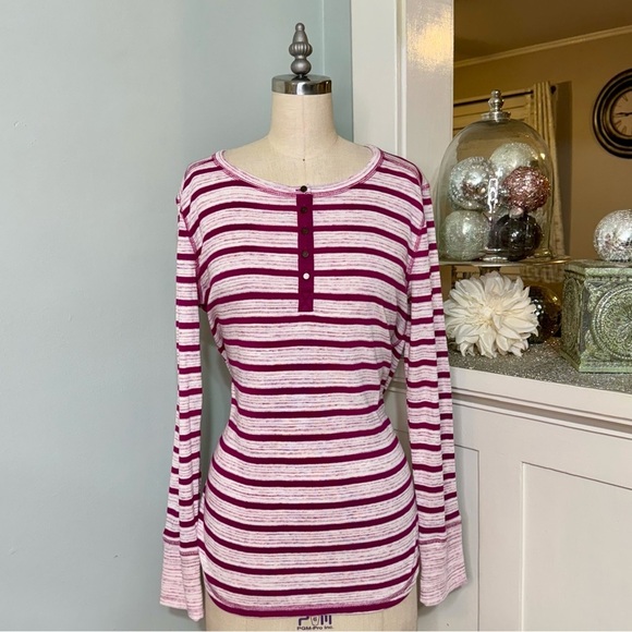Talbots Henley Long Sleeve Button Up Shirt Purple White Striped Large NWT - Picture 2 of 9